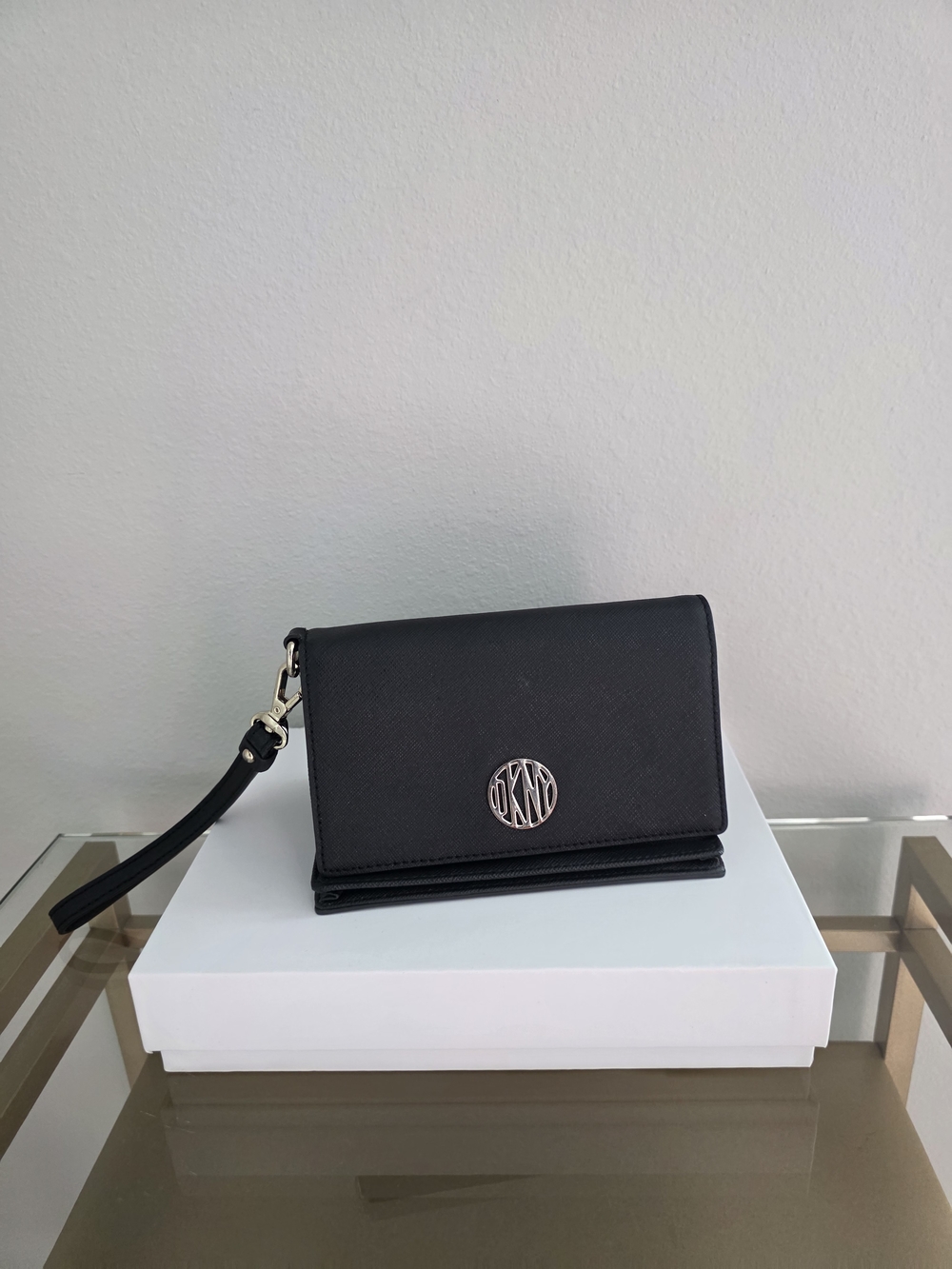 DKNY Black Leather Wristlet Clutch with Silver Logo Accent